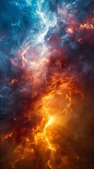 Wall Mural - A vibrant cosmic swirl of blues, oranges, and yellows depicts the chaotic dance of celestial elements in a stunning interstellar expanse