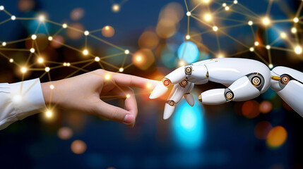 A human hand and a robotic hand touch fingertips, symbolizing the connection between humans and technology.