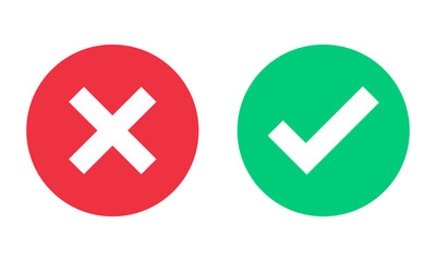 green check mark, red cross, x mark icon, set of flat rounded right and wrong vector sign concept. t
