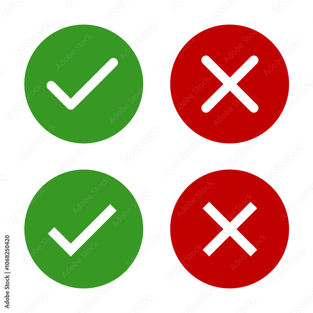 Green check mark, red cross, x mark icon set, rounded shape right and ...
