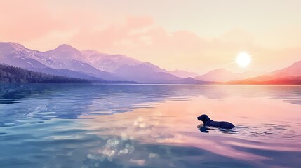 Wall Mural - a labrador retriever swimming in a crystal-clear lake, with mountains in the background and the sun 