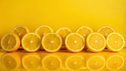 Wall Mural - Slices of lemons arranged in a row on a bright yellow background with reflection.