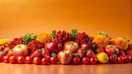 Wall Mural - A vibrant still life featuring red apples, strawberries, tomatoes, and flowers on an orange background.