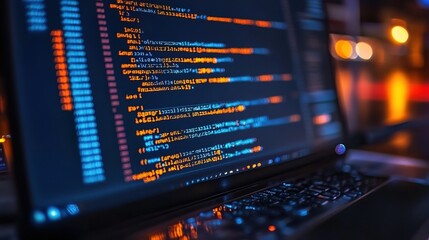 Software coding on a computer with lines of code visible on the screen