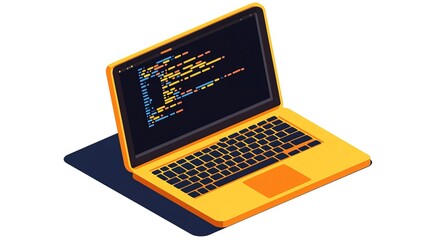 Isometric illustration of an open laptop with coding on screen