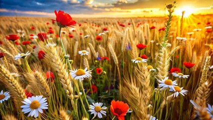 Wall Mural - A wheat field with many flowers