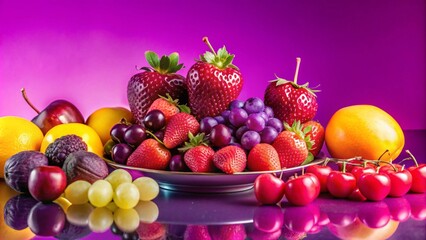 Wall Mural - A colorful assortment of fresh fruit on a plate against a purple background.