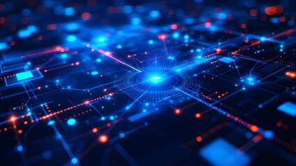 Glowing sparkling neon blue lights network and connection blue technology interconnected background wallpaper style digital art