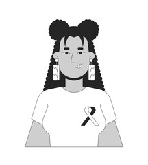 Hispanic woman wearing tshirt solidarity ribbon black and white 2D line character. Breast cancer awareness tee female latina adult isolated vector outline person. Monochromatic spot illustration