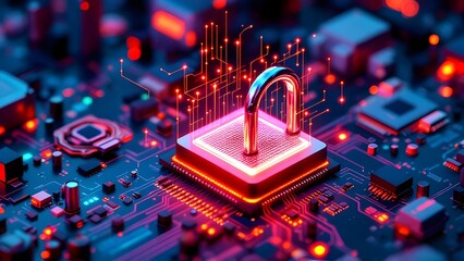 Digital lock pad on computer processor or motherboard cybersecurity and data protection concept in cloud computing