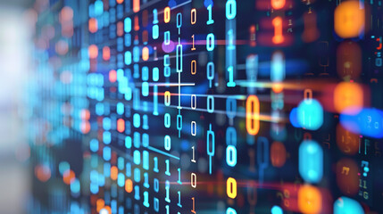 Abstract digital background with glowing binary code.