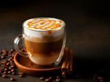 Rich and warm caramel macchiato with layers of espresso, steamed milk and caramel syrup. Dark background, with coffee grains.