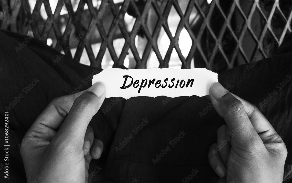 Top view of hand holding torn paper with depression message on black ...