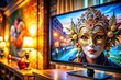 © Supittra - Captivating Tilt-Shift Photography of a Detailed Mask Drawing Displayed on a Television Set with a Soft Focus Background Enhancing the Artistic Vibe and Creative Atmosphere