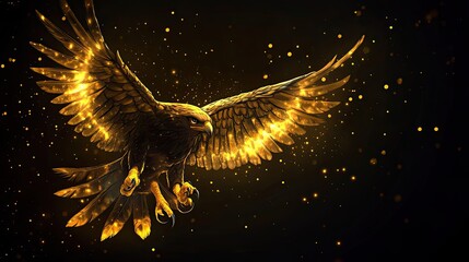 Poster - Golden Eagle with Glowing Feathers Against a Dark Background