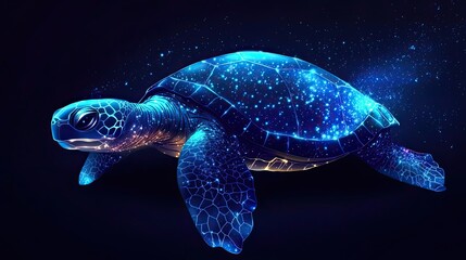 A luminous sea turtle made of glowing blue lines and dots on a dark background