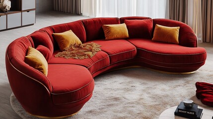 A modern red curved sectional sofa with gold trim in a living room setting with a fluffy white rug and gold coffee table with a book.