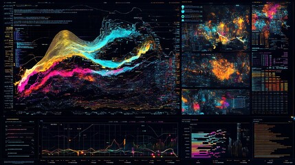 Abstract Data Visualization with Colorful Lines and Grids on a Black Screen