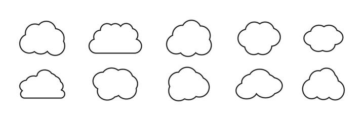 Fluffy clouds silhouettes. Vector set of clouds shapes. Collection of various forms and contours. Design elements for the weather forecast, web interface or cloud storage applications .Weather concept