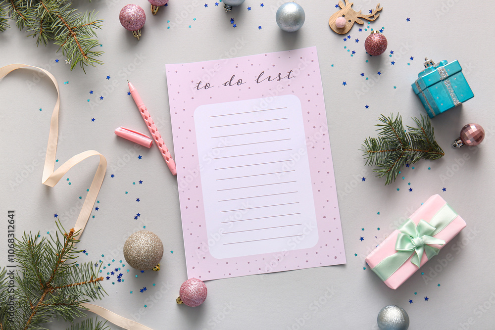 Blank to-do list with gifts and Christmas decor on light background