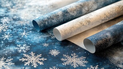 Sticker - Warm, textured wrapping paper with soft hues of blue and silver snowflakes, creating a serene holiday vibe.