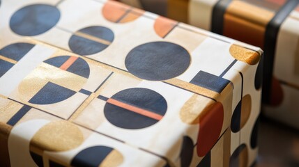 Sticker - Art Deco style wrapping paper with bold geometric shapes and metallic accents, perfect for holiday gifts.