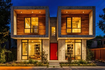 Wall Mural - Modern home with a nighttime facade, red door, and wooden window frames.