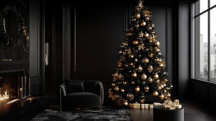 Sticker - Christmas tree adorned with sleek Art Deco-inspired baubles in gold and silver, set against a dark backdrop.