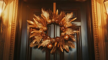 Sticker - Chic Art Deco Christmas wreath made of shimmering feathers and geometric ornaments, hanging on a grand door.