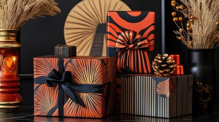 Poster - Stylish Art Deco gift boxes with bold patterns and luxurious ribbons, perfect for elegant holiday gifting.