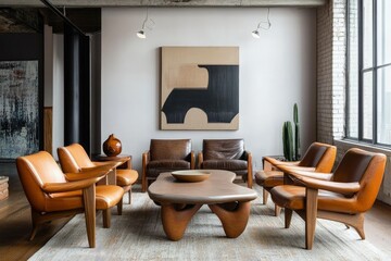 a living room filled with furniture and a painting on the wall