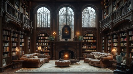 Wall Mural - A grand library with a fireplace, leather couches, and bookshelves.