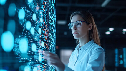 Aufkleber - female technician interacts with digital interface, focusing intently on data analysis in high tech environment. scene is illuminated by blue lights, highlighting futuristic setting