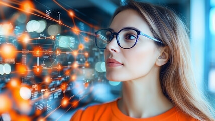 Aufkleber - woman in glasses analyzing digital data on futuristic screen, focused and thoughtful