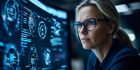 Aufkleber - focused female tech professional analyzing cybersecurity data on computer screen