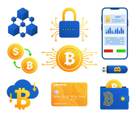 Cryptocurrency icons set, flat vector illustration. Cloud mining, blockchain technology, security, mobile app, bitcoin, currency exchange, crypto wallet, bank debit or credit card, usb flash drive