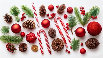 Flat lay of various red and green Christmas decorations including candy canes and pine cones on a white background. PNG transparent.