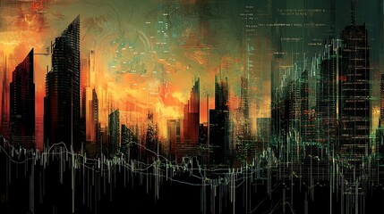 Futuristic Cityscape with Glowing Lines and Digital Data