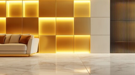 Poster - Rich gold square panels with backlighting in a luxurious ivory-floored living room.