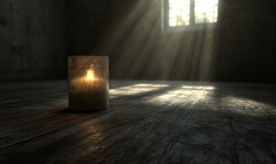 Canvas Print - A single candle burning brightly on a wooden floor with sunlight streaming through a window.