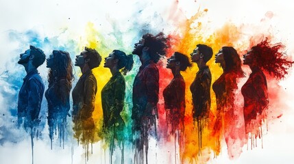 Wall Mural - Colorful silhouettes of a diverse and multicultural singing community. Illustration of a multi-ethnic group of people, crowded singing people
