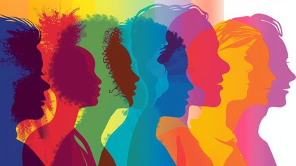 Wall Mural - Colorful silhouettes of a diverse and multicultural community. Illustration of a multi ethnic group of people, profile portraits
