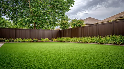 Wall Mural - Overcast day in luxurious backyard, green grass, chocolate brown fencing.