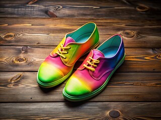 Vibrant Neon Shoes on Rustic Wooden Surface: A Stylish Contrast of Colors and Textures for Fashion and Footwear Enthusiasts