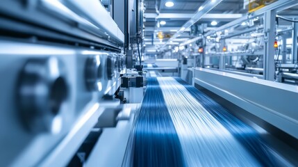 Close-up view of a modern textile production line with high-tech fibers being woven.