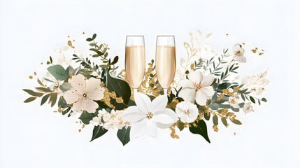 Elegant wedding themed design featuring champagne and floral arrangements