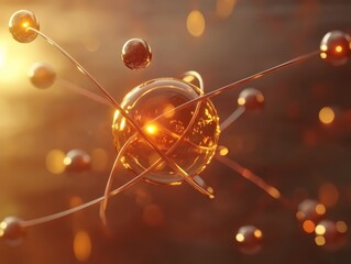 Wall Mural - abstract 3d illustration of a golden atomic structure with a glowing nucleus surrounded by orbiting 