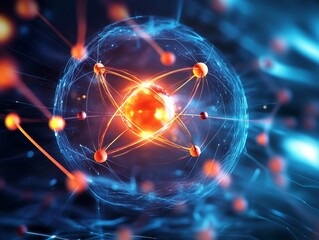 Wall Mural - abstract depiction of an atom with a glowing nucleus and orbiting electrons, showcasing the intricat