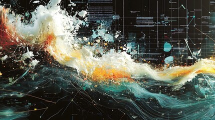 abstract digital landscape with white and orange streaks on black background