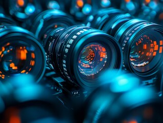 Wall Mural - close-up of advanced lenses with glowing orange and blue lights, highlighting the technological comp
